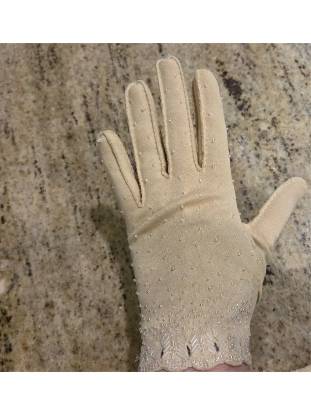 New! Vintage Women Size S/M 6.5 Beige Cotton Beaded Formal Gloves Art Noveau...